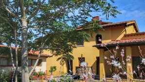 A yellow building with a tiled roof, surrounded by trees and flowering plants.