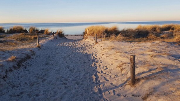 A sandy beach path leading to the ocean with dunes on either side. - Ferienhaus mit Sauna in Boiensdorf am Salzhaff (Boiensdorf)