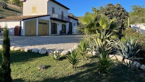 A two-story house with a balcony, a garage, and a garden with various plants and rocks. - Holiday Home Picciano Near Medieval Towns (Picciano)