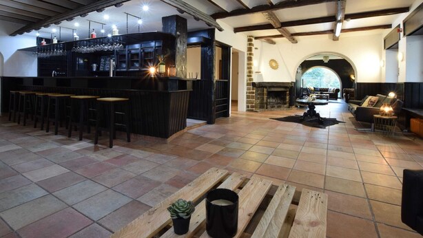Un intérieur spacieux comprenant un bar, des sièges et une cheminée.