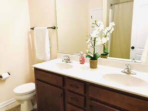 Duschwanne, Handtücher, Seife, Shampoo