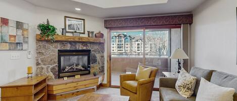 Télévision, cheminée, lecteur de DVD