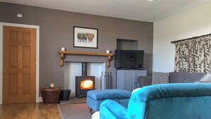 A cozy living room with a fireplace, a television, and a blue sofa. - 2 bedroom accommodation in Alnham, near Rothbury (Alnham, near Rothbury)