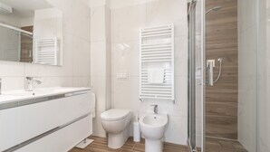 A modern bathroom with a shower, toilet, bidet, and a vanity with a mirror.