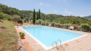 Une piscine rectangulaire, bordée d’une terrasse carrelée, entourée de chaises longues et de plantes en pot.