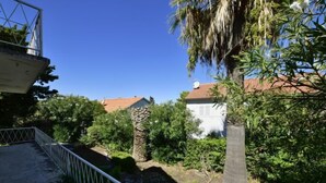 A courtyard with a stone wall, a white building with a red roof, and dense greenery including a palm tree.