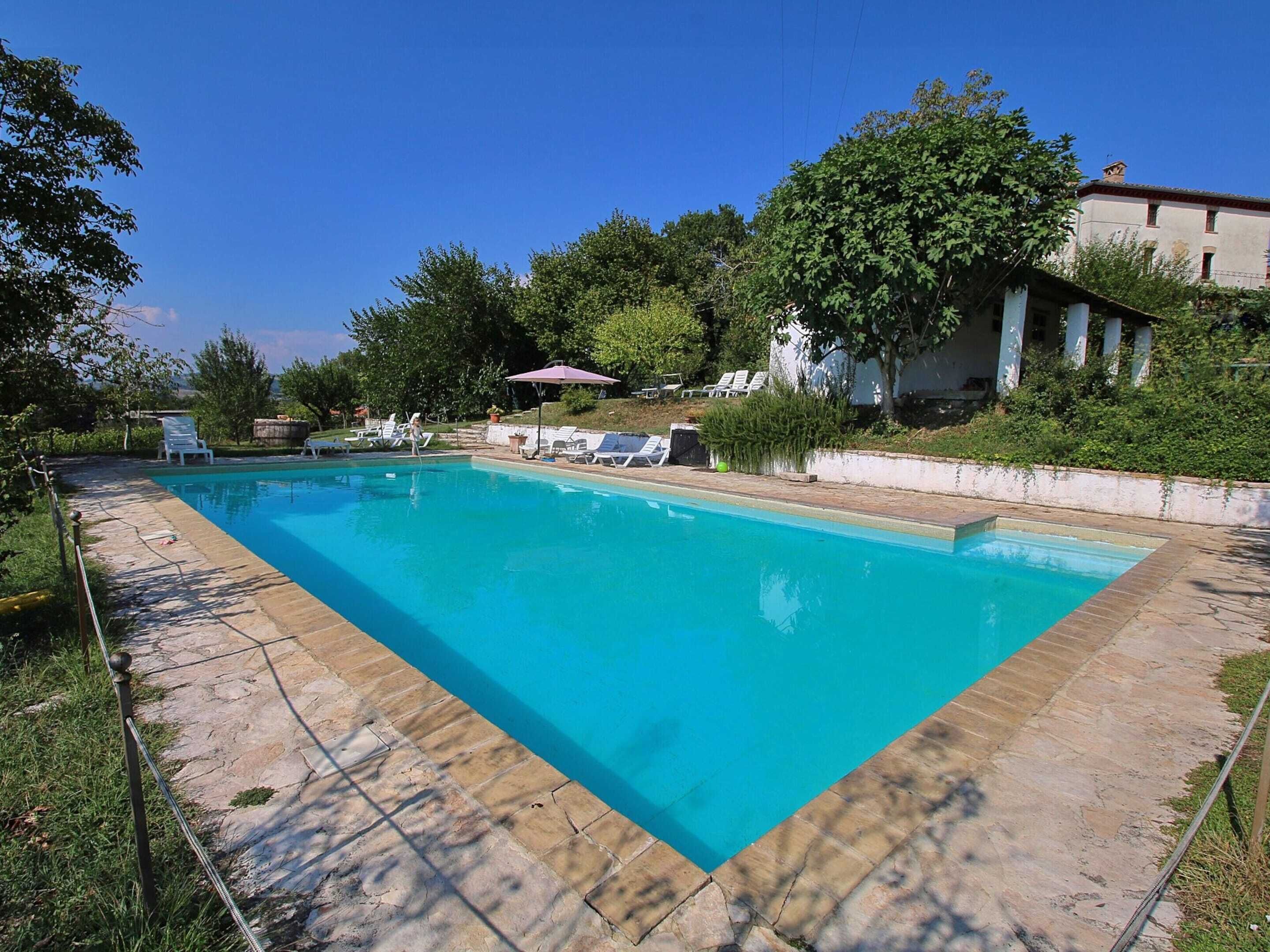 A rectangular swimming pool with a tiled edge, surrounded by a stone deck. There are lounge chairs and a small umbrella near the pool.