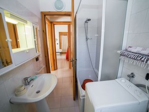 Une salle de bain équipée d’un lavabo, d’un miroir, d’une douche et d’un lave-linge.
