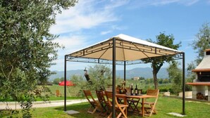 Ein überdachter Essbereich im Freien mit Tisch und Stühlen, umgeben von Grünpflanzen und Blick auf die Landschaft.
