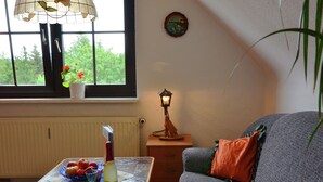 Een woonkamer met een bank, een tafel met een fles en glazen, een lamp, een raam met uitzicht op groen, en een radiator.