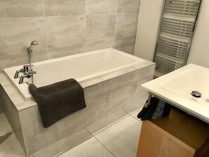 Hair dryer, towels, soap, shampoo