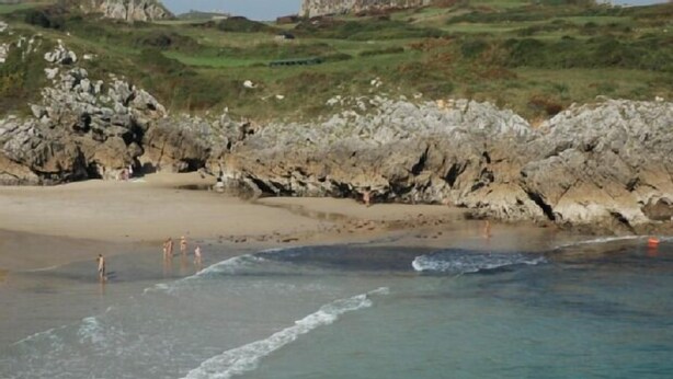 Una playa con acantilados rocosos y una orilla arenosa.