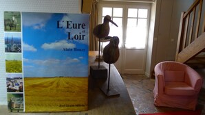 Ein Buch mit dem Titel 'L'Eure et Loir' von Alain Bouzy, eine Holzskulptur, ein gestreifter Stuhl und eine Treppe.