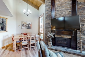 TV, fireplace, DVD player, books