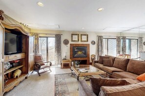 Una televisión, una chimenea, un reproductor de DVD