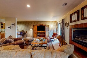 Televisión, chimenea y reproductor de DVD 