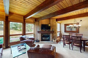 Televisión, chimenea y reproductor de DVD 