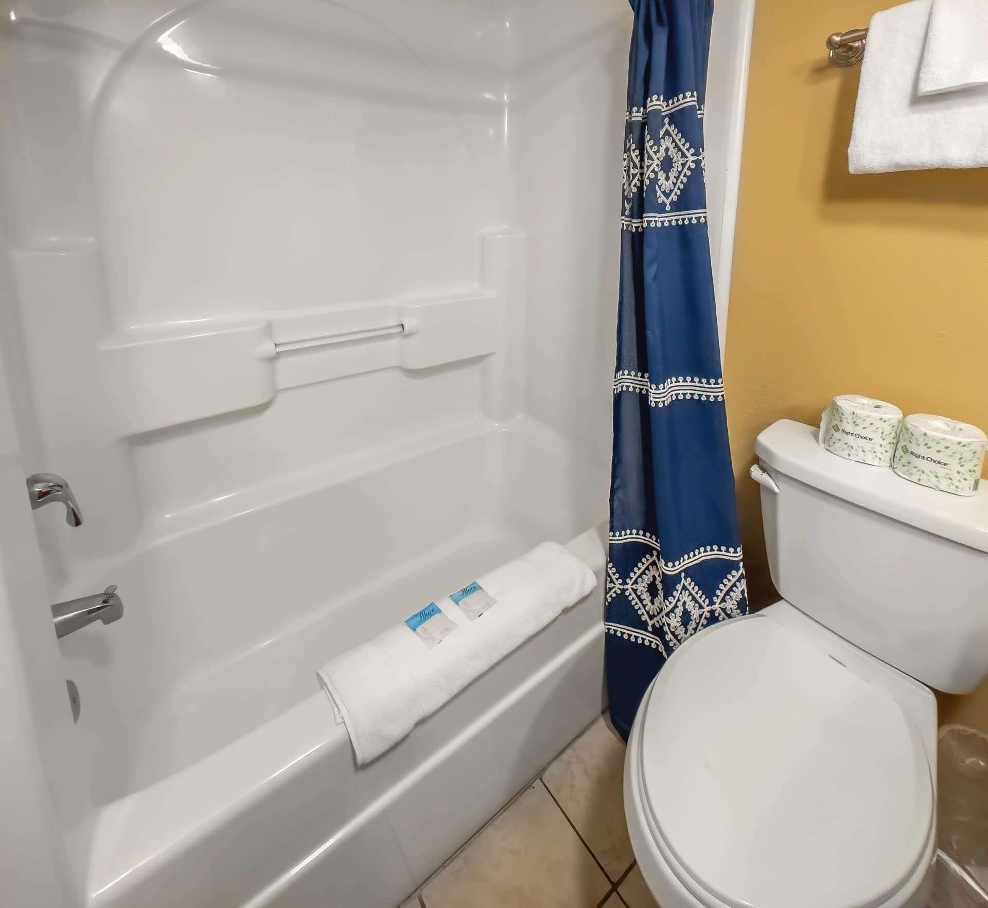 A bathroom with a bathtub, toilet, and a shower curtain.