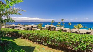 Un complejo turístico frente al mar con varias edificaciones tipo bungalow, abundante vegetación y vistas al océano.