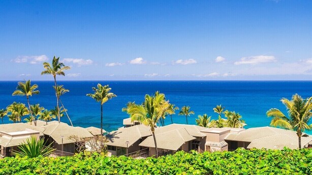 Un resort con varias construcciones, palmeras y vistas al océano.