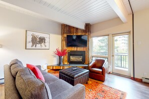 TV, fireplace, books