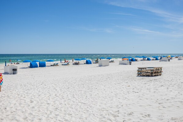 Une plage avec des parasols bleus, des chaises longues et une structure en bois.