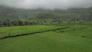 Ein grünes Feld mit einem Zaun, umgeben von Hügeln und in Nebel gehüllt.