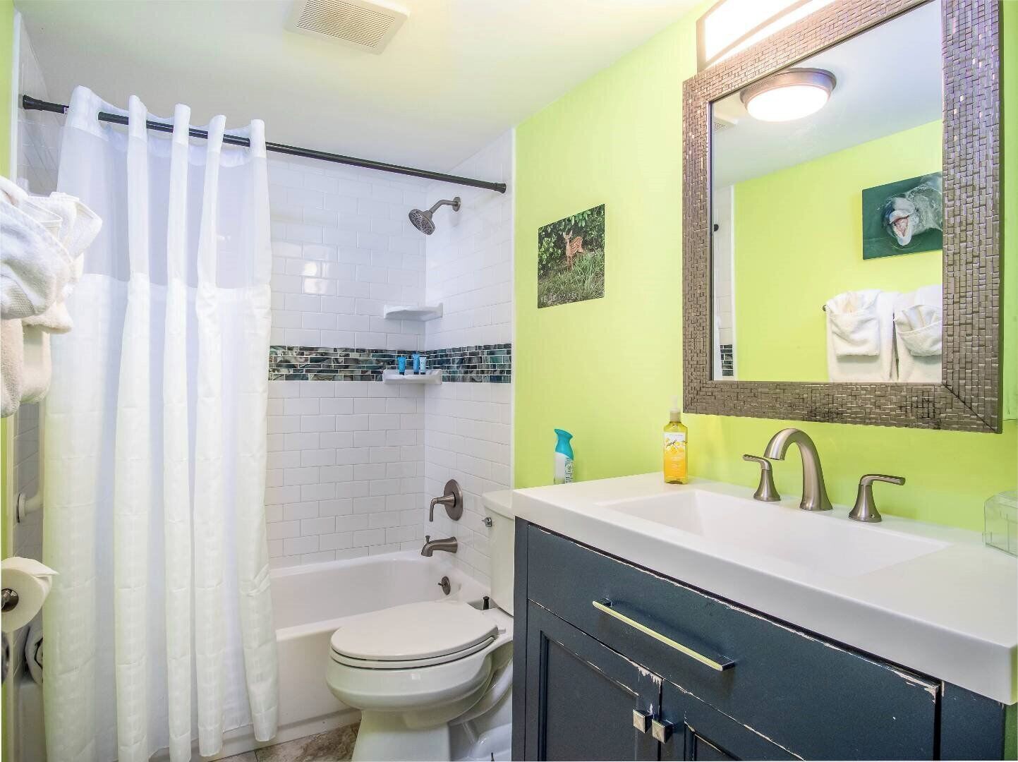 Baignoire, sèche-cheveux, serviettes fournies, savon