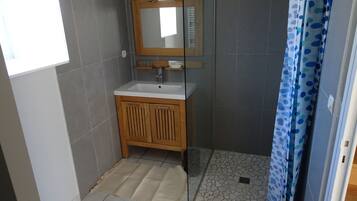 Combined shower/tub, hair dryer, soap, toilet paper