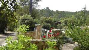 A stone wall with a metal gate and red flowers. - ABSOLUTE QUIET 45 km from the sea (St-Maxime St-Tropez). (Lorgues)