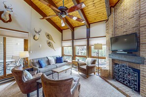 TV, fireplace, DVD player, books