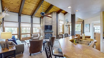 TV, fireplace, DVD player, books