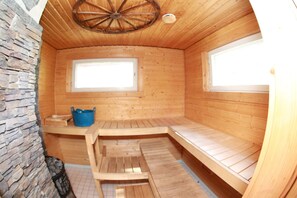 A wooden sauna with benches, a stone wall, and a ceiling fan.