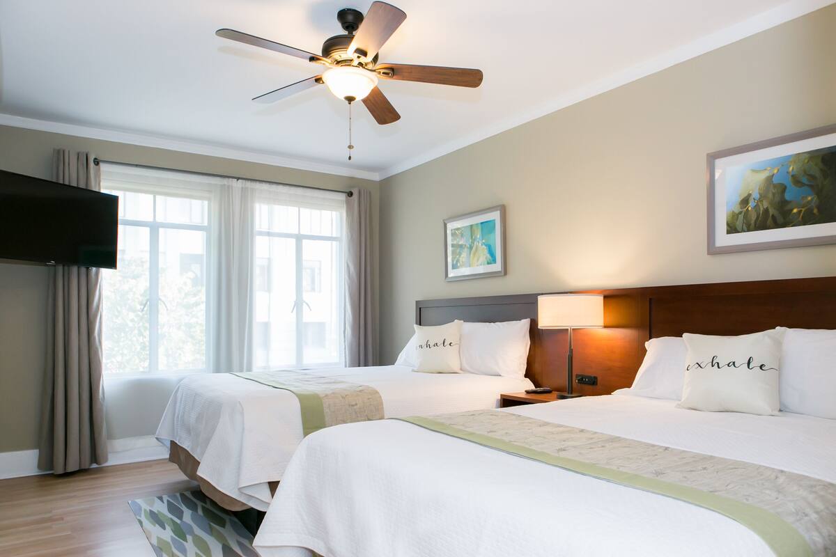 A hotel room with two beds, a ceiling fan, a TV, and a painting on the wall.