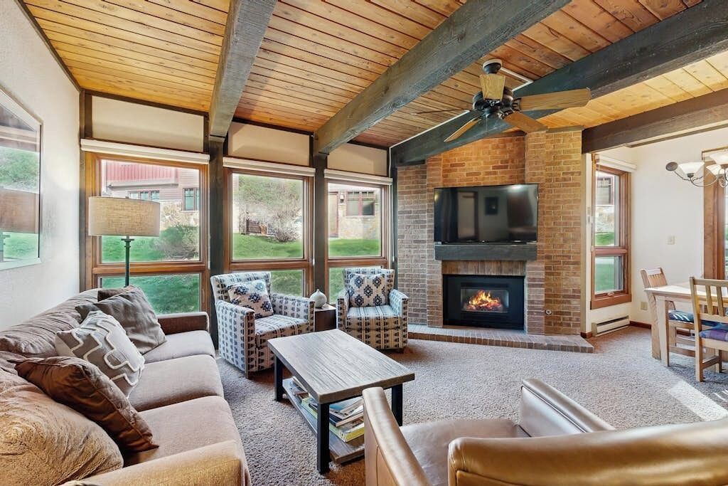 Televisie, een open haard en boeken