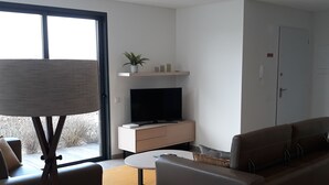 Un salon moderne avec un canapé, une table basse, un téléviseur posé sur un meuble et une grande fenêtre.