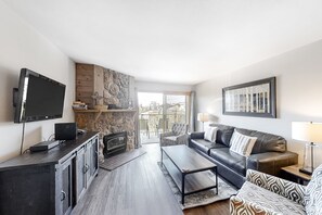 TV, fireplace, DVD player, books