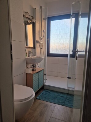 Shower, hair dryer, towels, soap