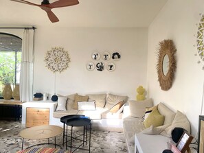 TV connectée, cheminée, livres, chaîne hi-fi