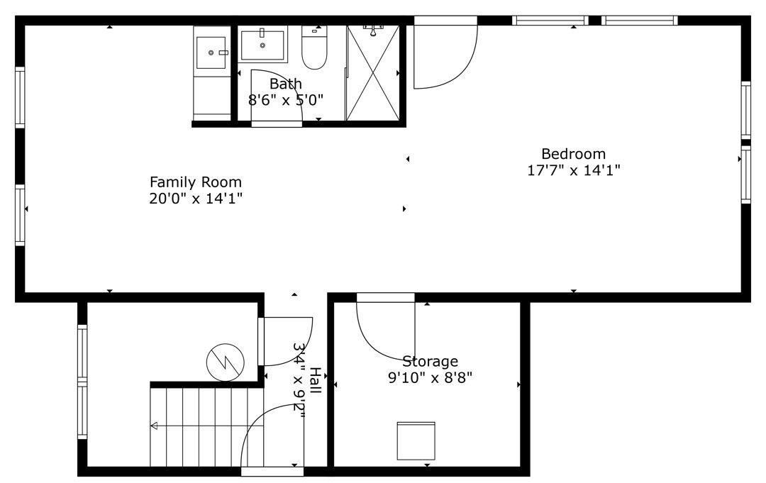 A floor plan with a family room, bathroom, bedroom, and storage area.