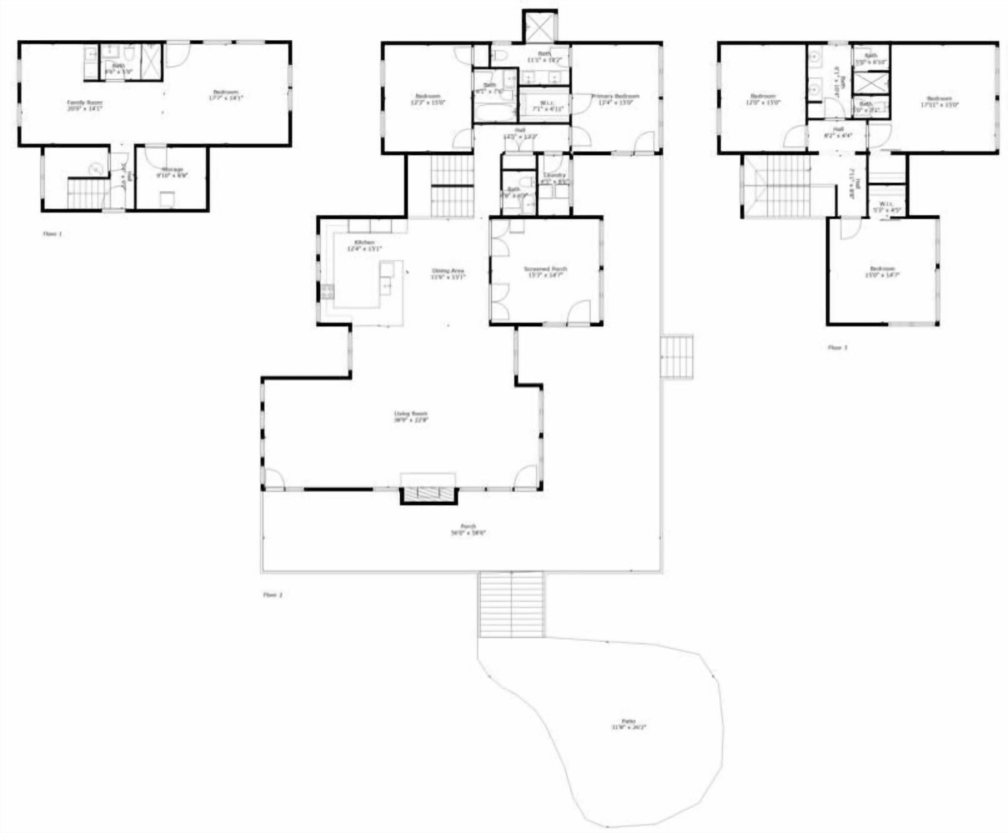 A floor plan with multiple bedrooms, bathrooms, and a living area.