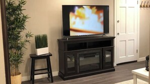 Una sala de estar con una televisión de pantalla plana sobre un soporte negro, una planta en maceta y una puerta blanca.