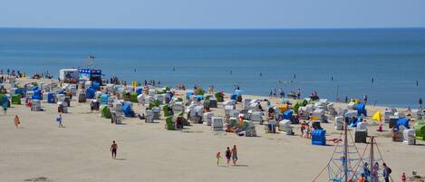 Perto da praia, espreguiçadeiras