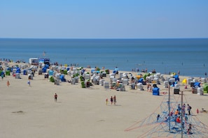 Perto da praia, espreguiçadeiras