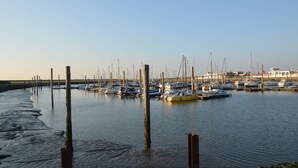 Un puerto deportivo con barcos amarrados, pilotes de madera y un edificio al fondo.