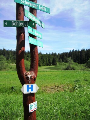 A directional signpost with multiple arrows pointing in various directions, indicating different destinations. - Luxurious vacation apartment in a quiet, rural setting (Nordhalben)