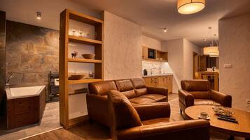 Flat-screen TV, fireplace