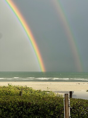 En la playa, camastros y toallas de playa