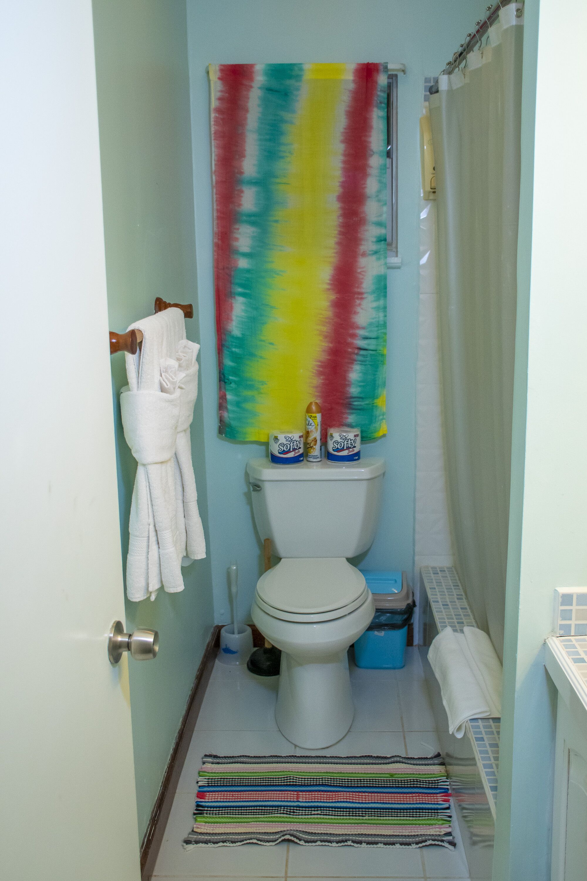 A bathroom with a toilet, a colorful towel hanging on the wall, a striped rug, and a white towel on a rack.