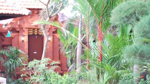 Um edifício vermelho tradicional com uma porta fechada, rodeado por vegetação exuberante e um pequeno banco branco.